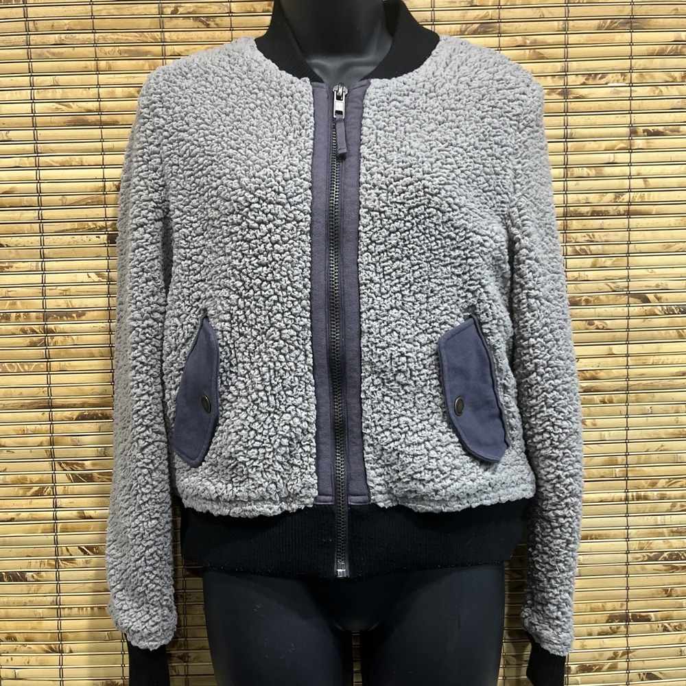 Marrakech‎ Gray Faux Shearling Sherpa Bomber Jacket Womens XS Zip Front Cozy